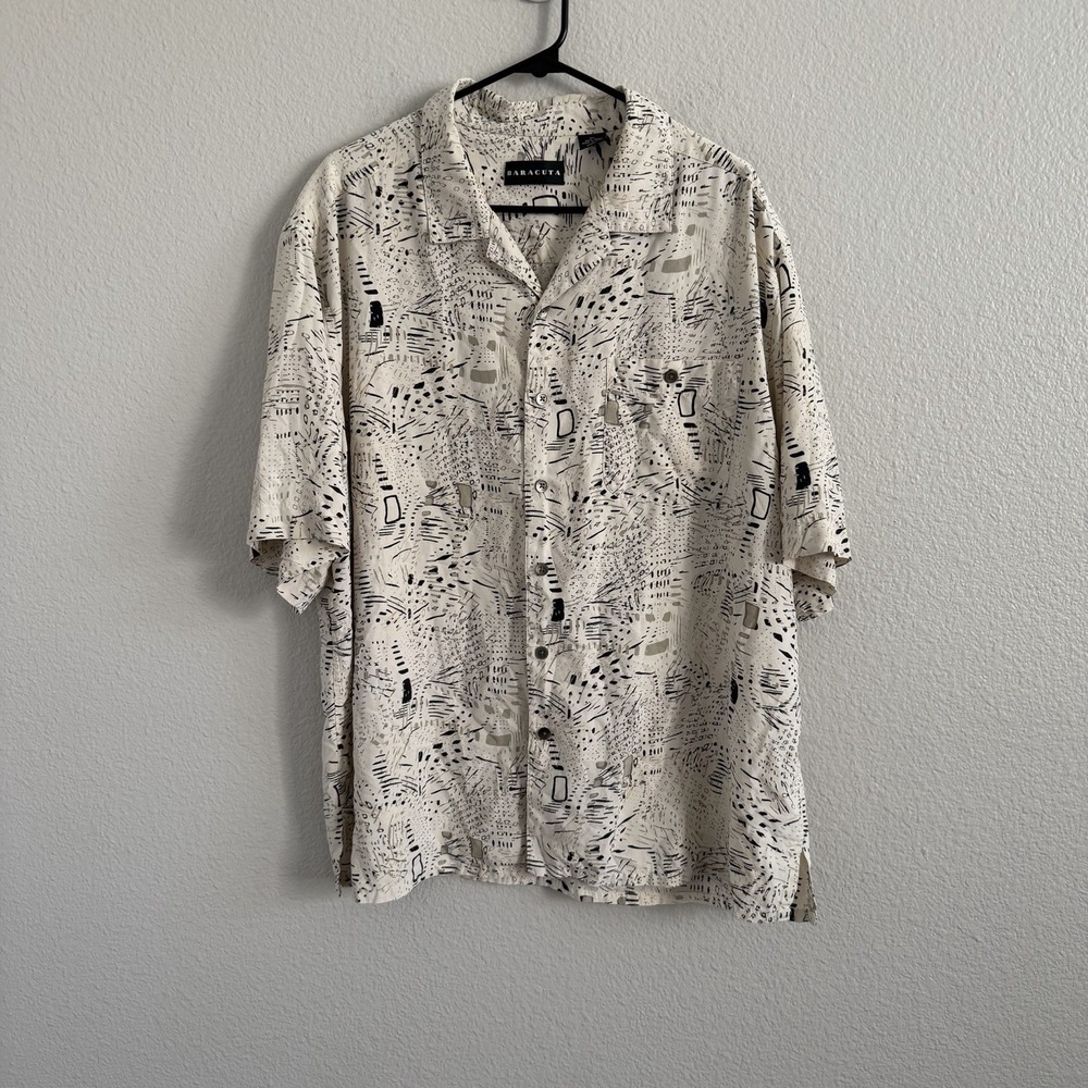 Baracuta XL Silk Mens Abstract Print Button Up Shirt Short Sleeve 90s Y2K Resort
